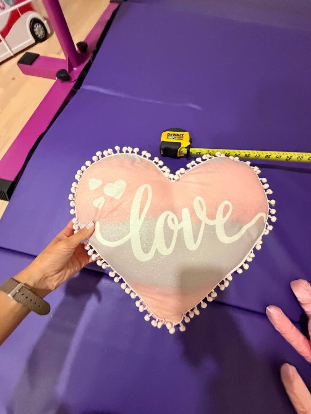Pink Ombre Heart Pillow with Pom Pom Trim